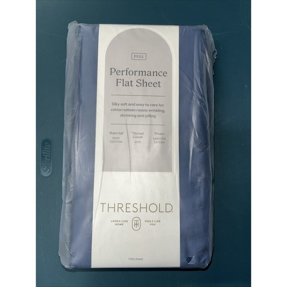 Threshold Full Flat Sheet Smooth Cotton Sateen Metallic Blue Flat Sheet - Picture 1 of 2